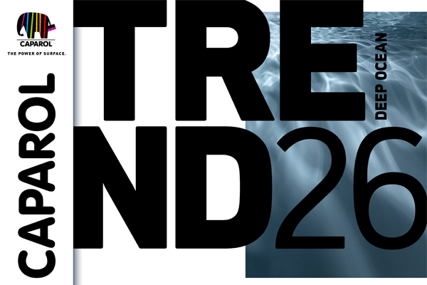 Eine Grafik von Caparol mit dem Titel „TREND 26“ und dem Untertitel „DEEP OCEAN“, begleitet von einem stilisierten Wasserhintergrund. Das Caparol-Logo befindet sich oben links.