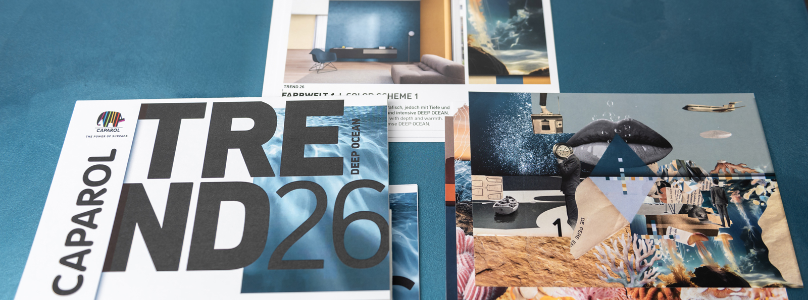 Eine Kollage von Bildern und einem Magazincover mit dem Titel 'CAPAROL TREND 26'. Die Bilder zeigen verschiedene Innenräume, Farbdesigns und kreative Konzepte. 
